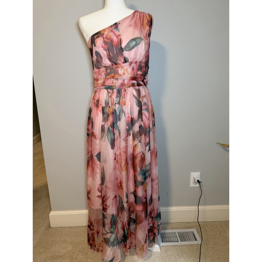 One Shoulder Waist Cinched Peach Long Floral Dress Size Large - Picture 2 of 8
